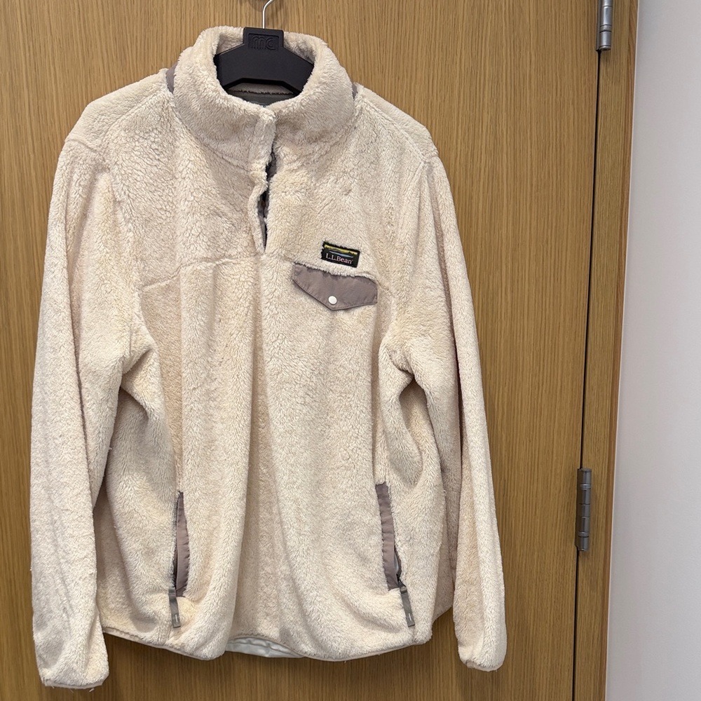 L.L. Bean Cream Fleece Jacket with Taupe Trim